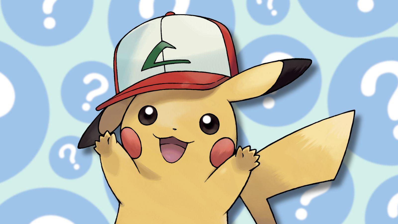 Pikachu with hat and question marks behind it.