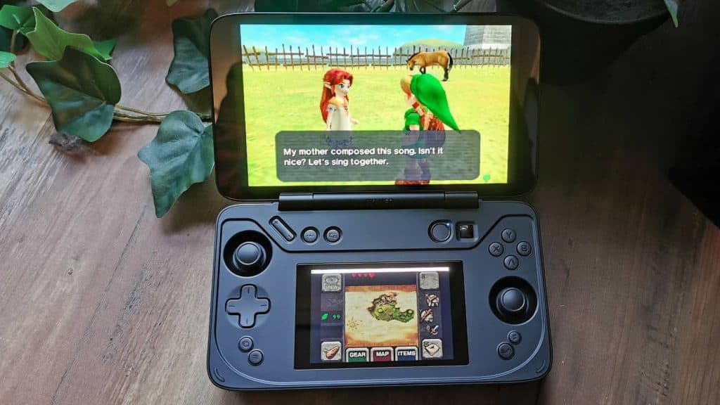 Photo of the Ayaneo Flip DS running The Legend of Zelda Ocarina of Time 3D.