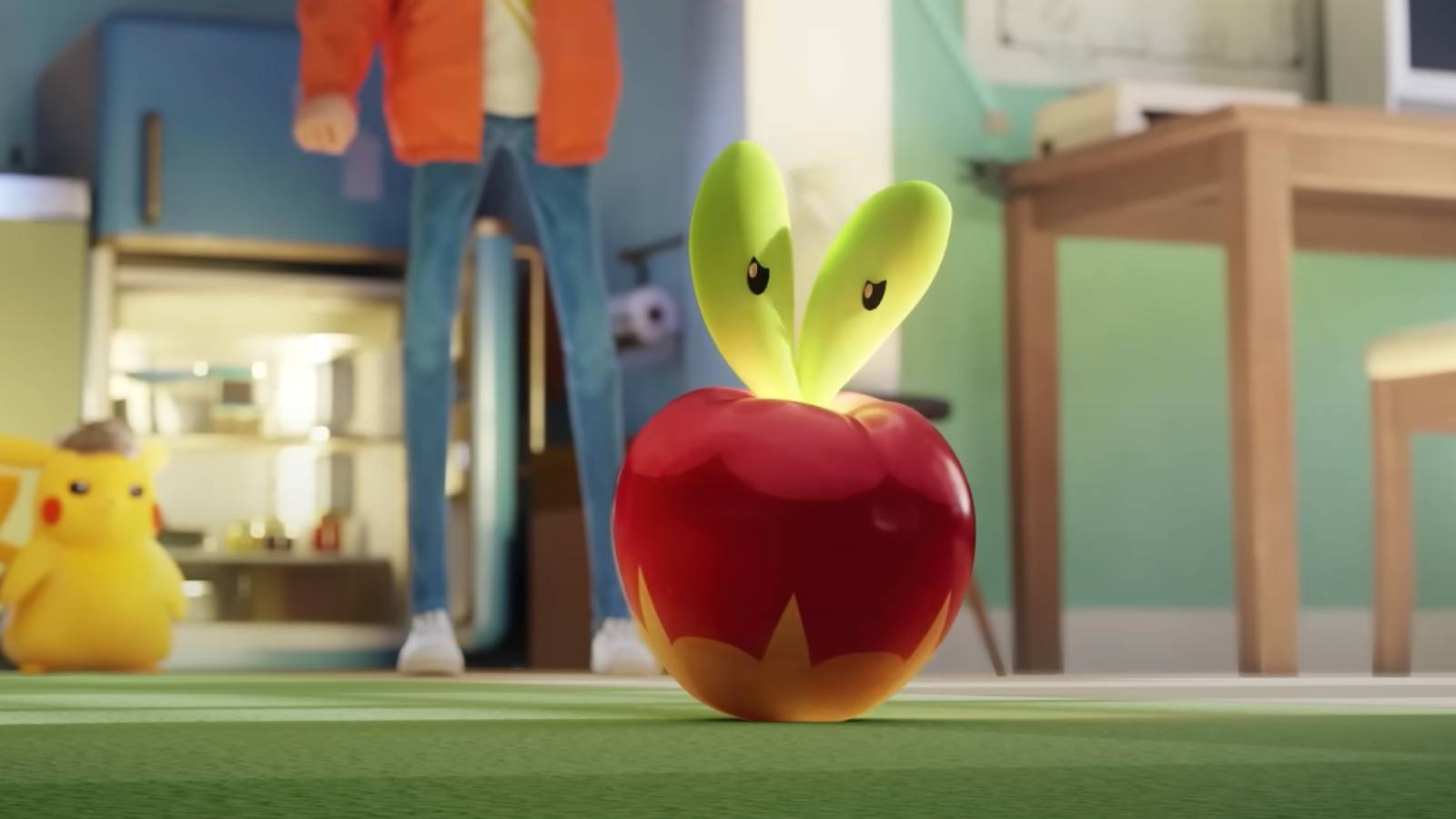 A screenshot from a Detective Pikachu animated short shows Applin rolling across a floor