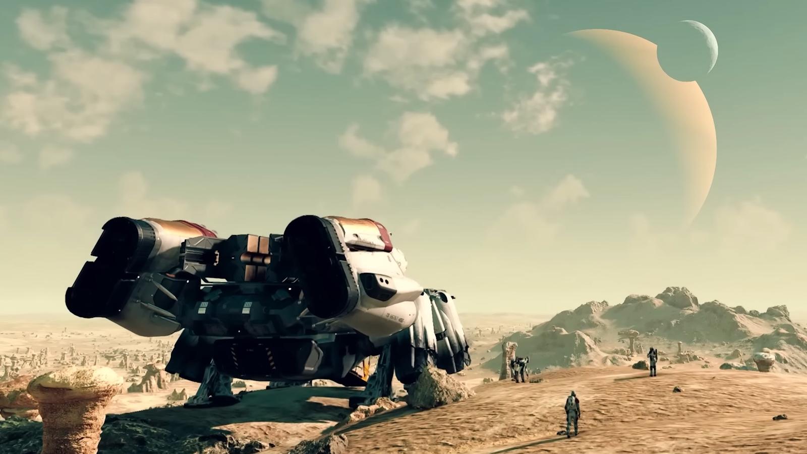 Spaceship landing on alien planet in Starfield May Update.