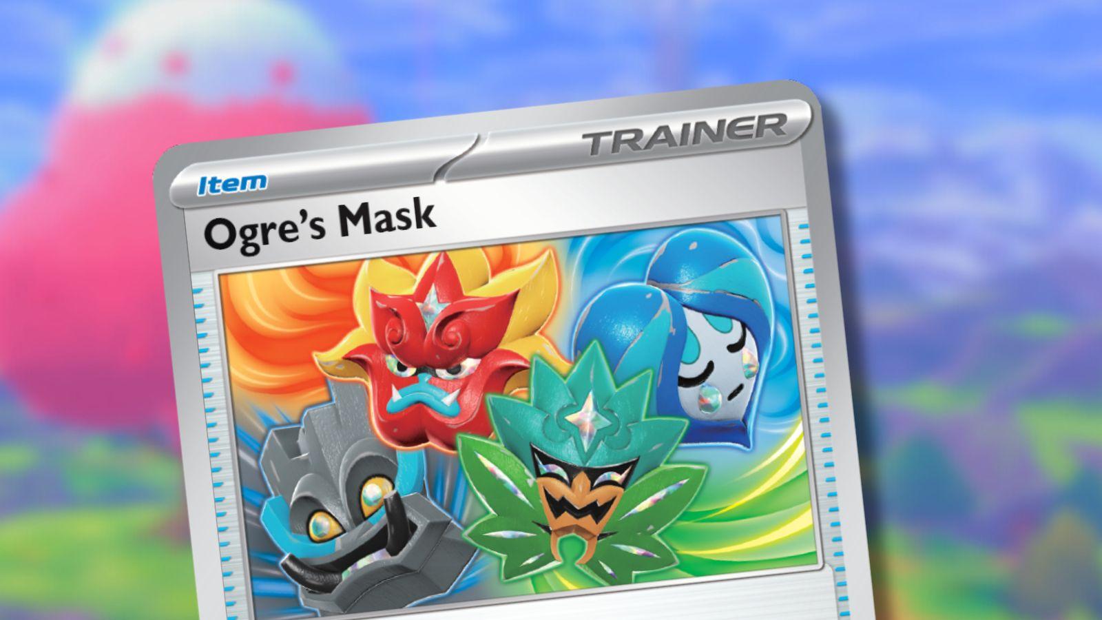 Ogre's Mask Trainer Pokemon card with game background.