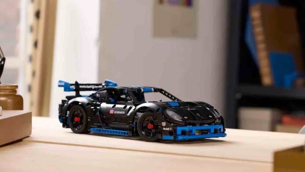 The LEGO Technic Porsche GT4 e-Performance Race Car on display