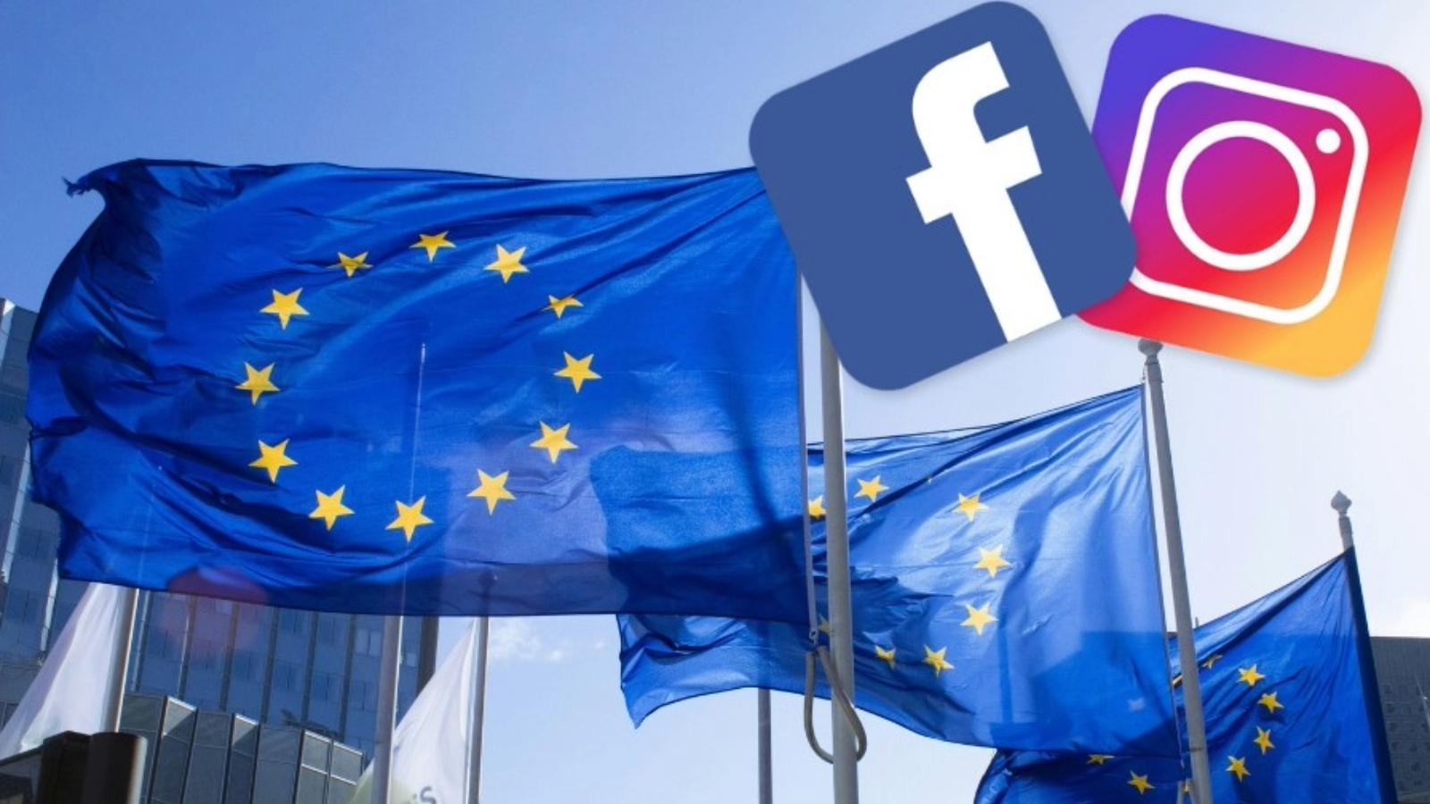 Facebook and Instagram logos behind EU flags