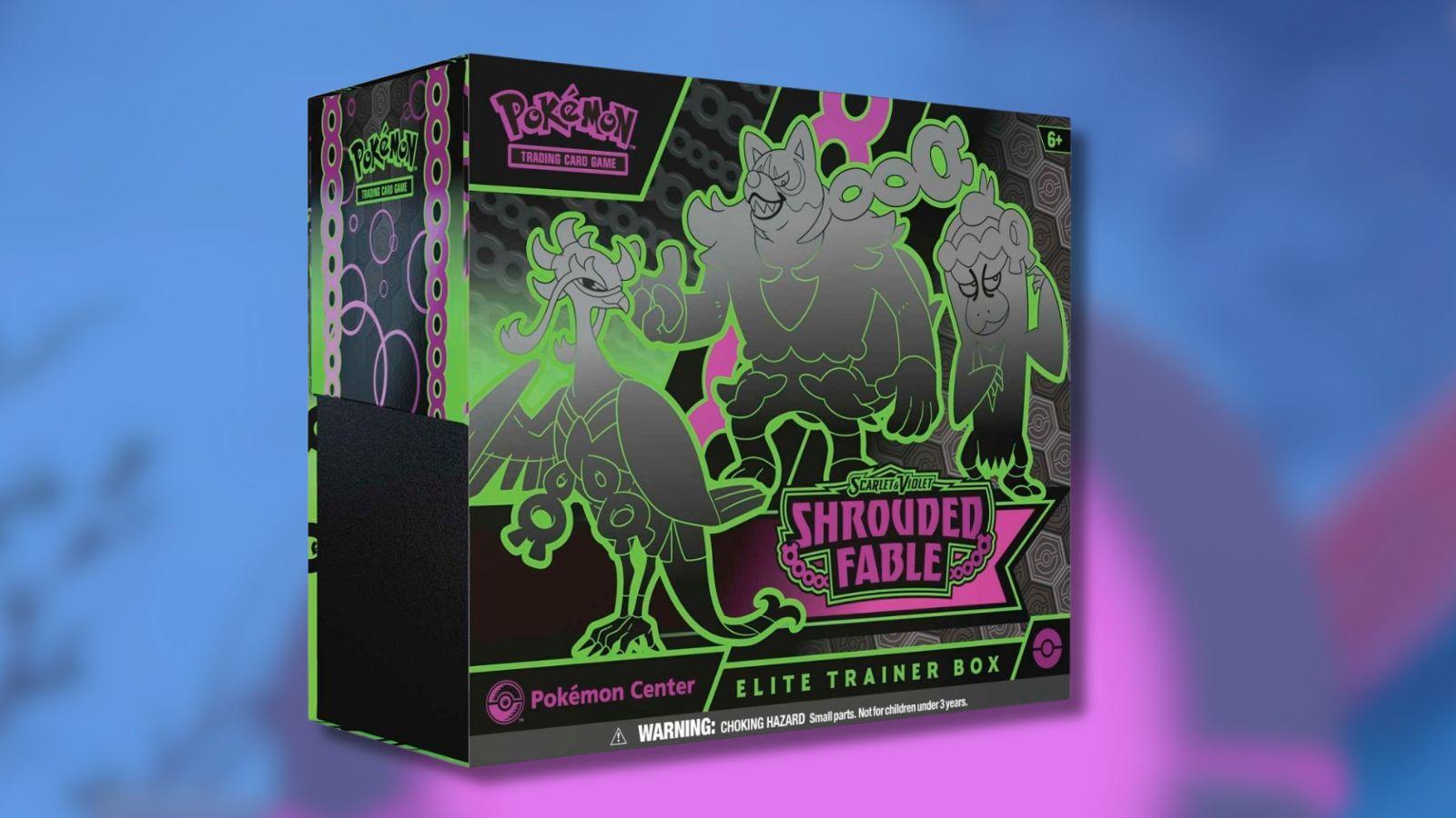 Shrouded Fable Elite Trainer Box with Pecharunt Pokemon in the background.