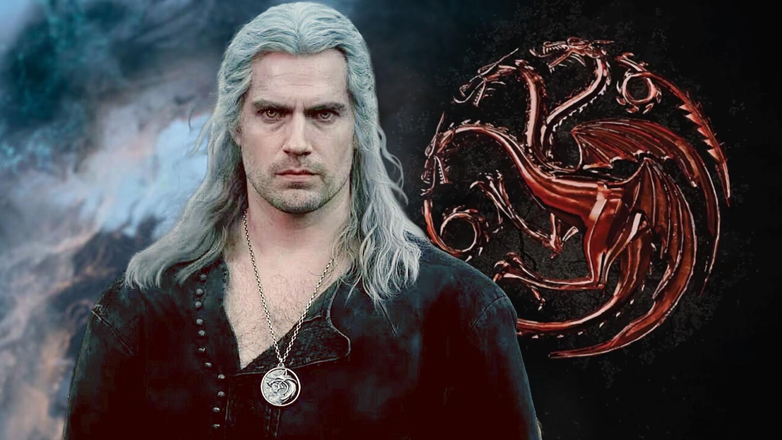 Henry Cavill as The Witcher and the logo for House of the Dragon
