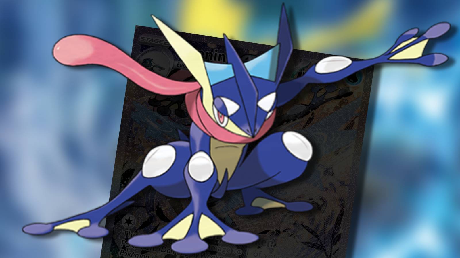 The Pokemon Greninja appears in front of an image of a POkemon card, hidden in shadow