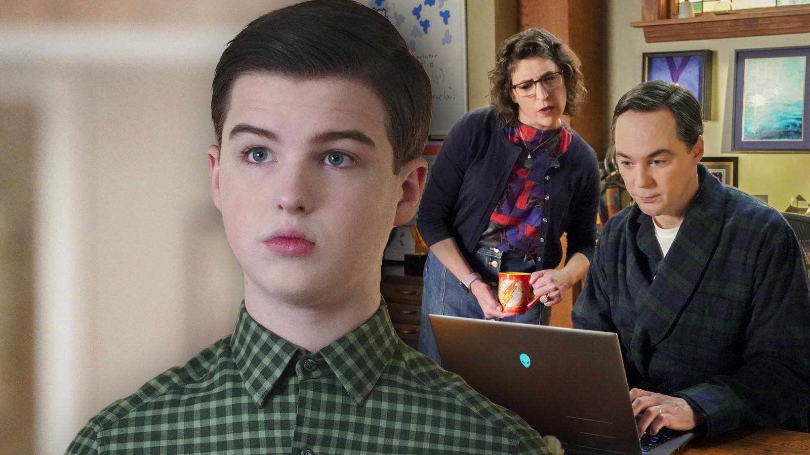 Iain Armitage in Young Sheldon, and Mayim Bialik and Jim Parsons from The Big Bang Theory