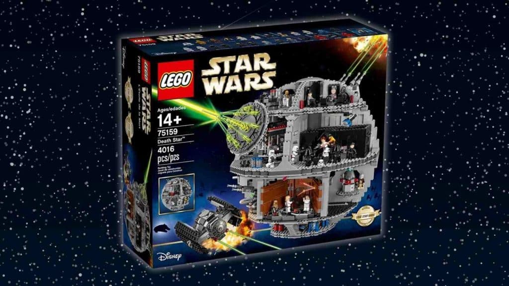 The LEGO Star Wars Death Star on a galaxy background