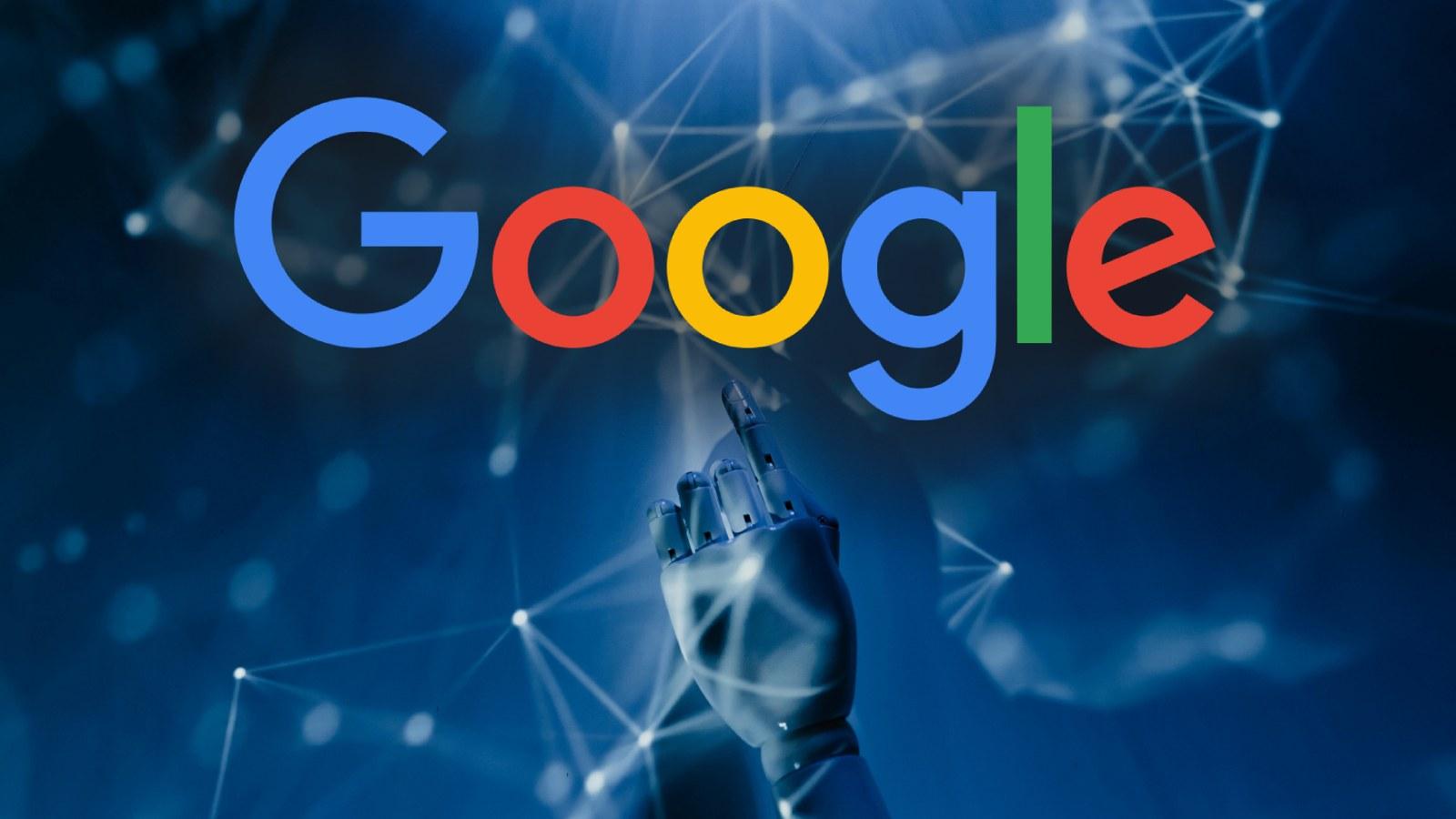 Cyber hand on blue background with Google logo above it