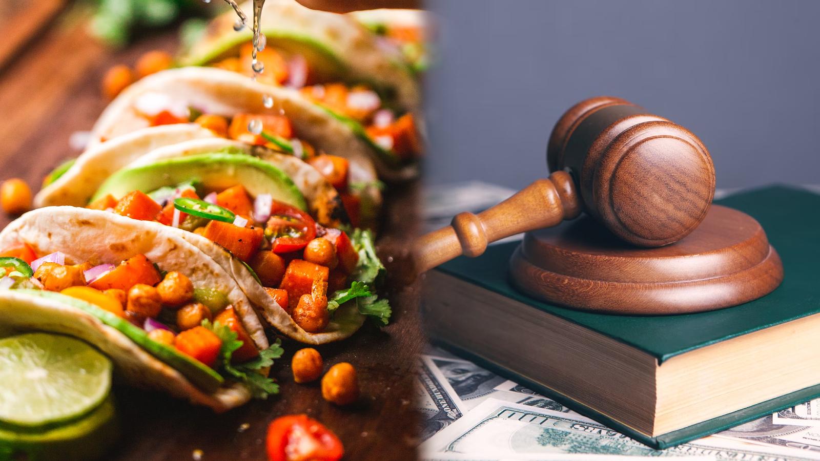 Tacos on the left and a judge's gavel to the right