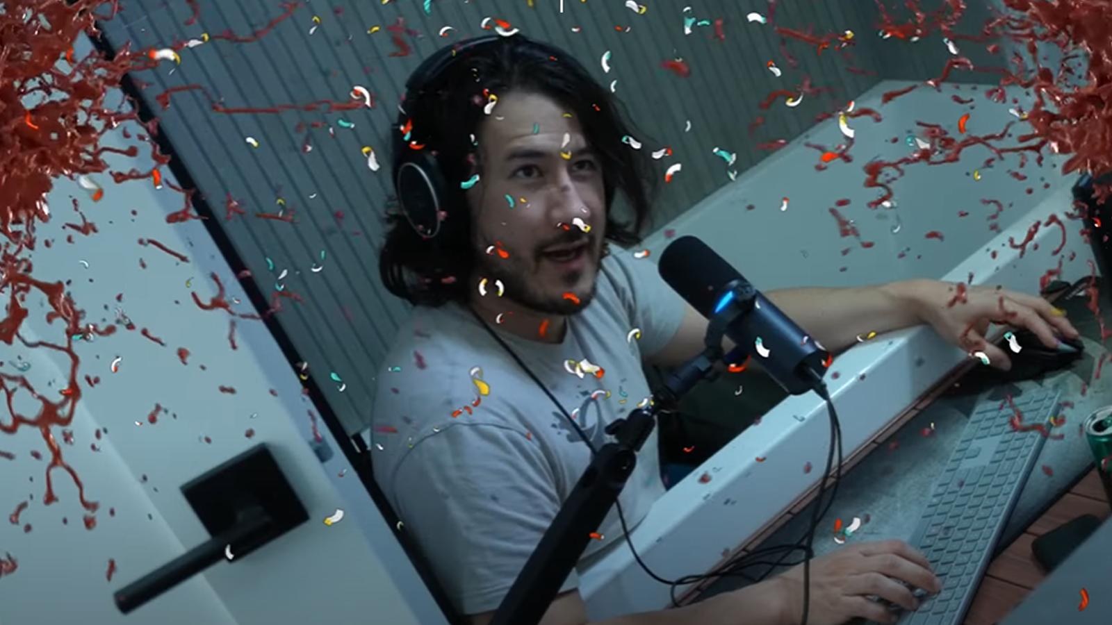 Markiplier in his bathtub with confetti and blood splatters edited on top.