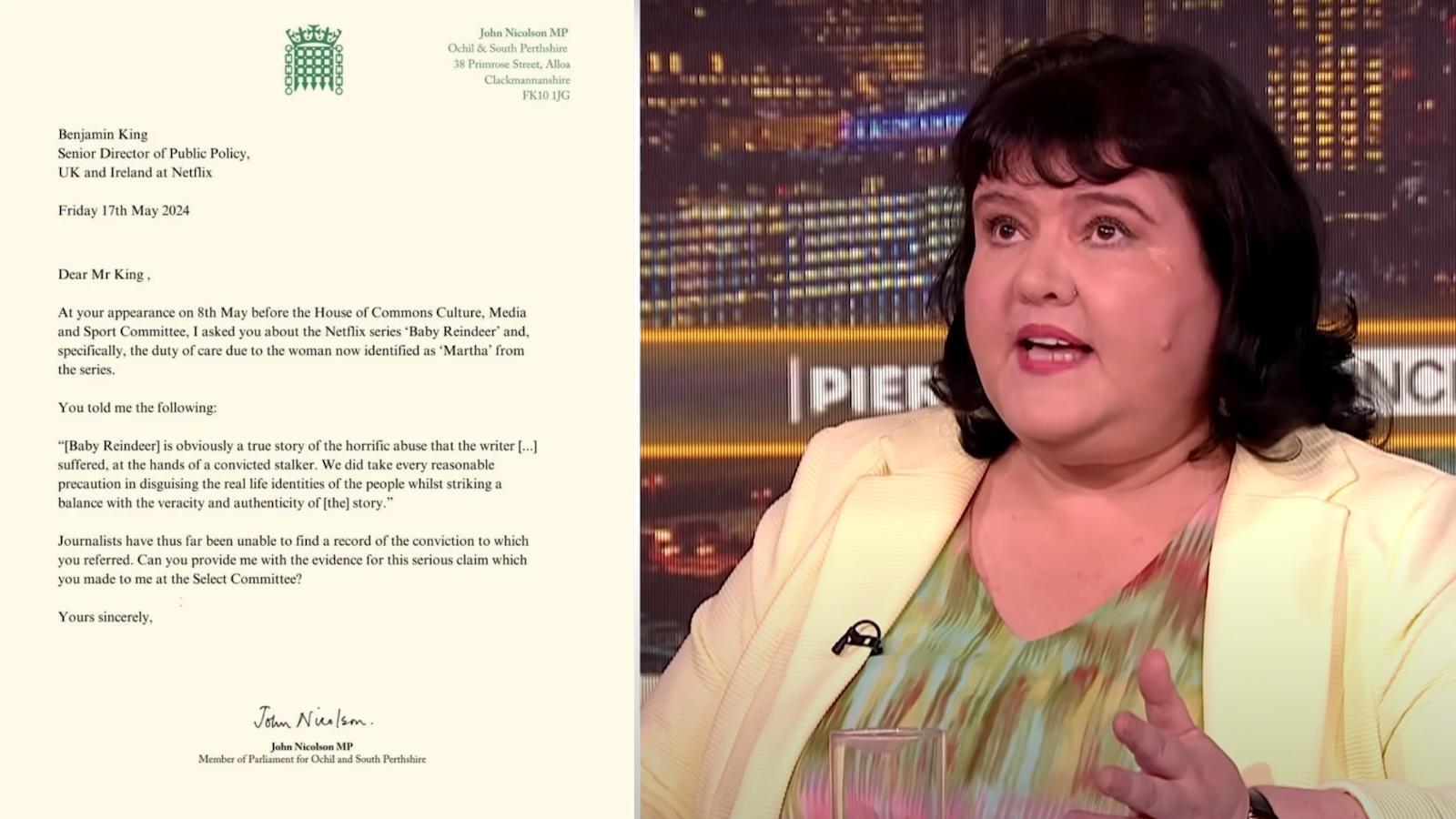 Screenshot of John Nicolson's letter to Benjamin King, and Fiona Harvey during her interview with Piers Morgan
