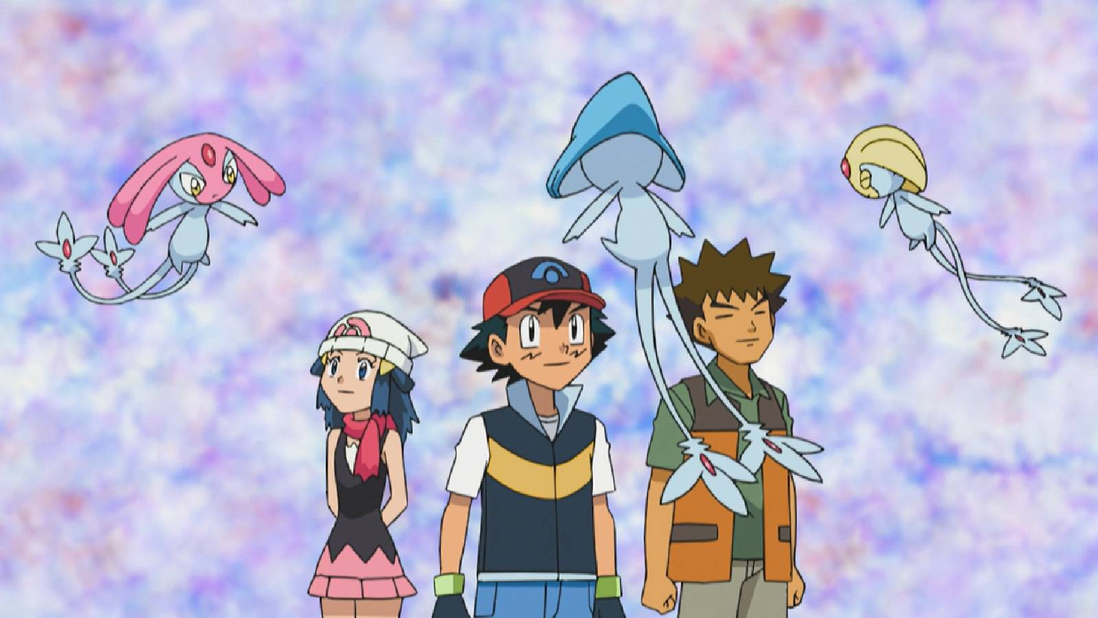 Ash, Brock, and Dawn stand while surrounded by Azelf, Uxie, and Mesprit
