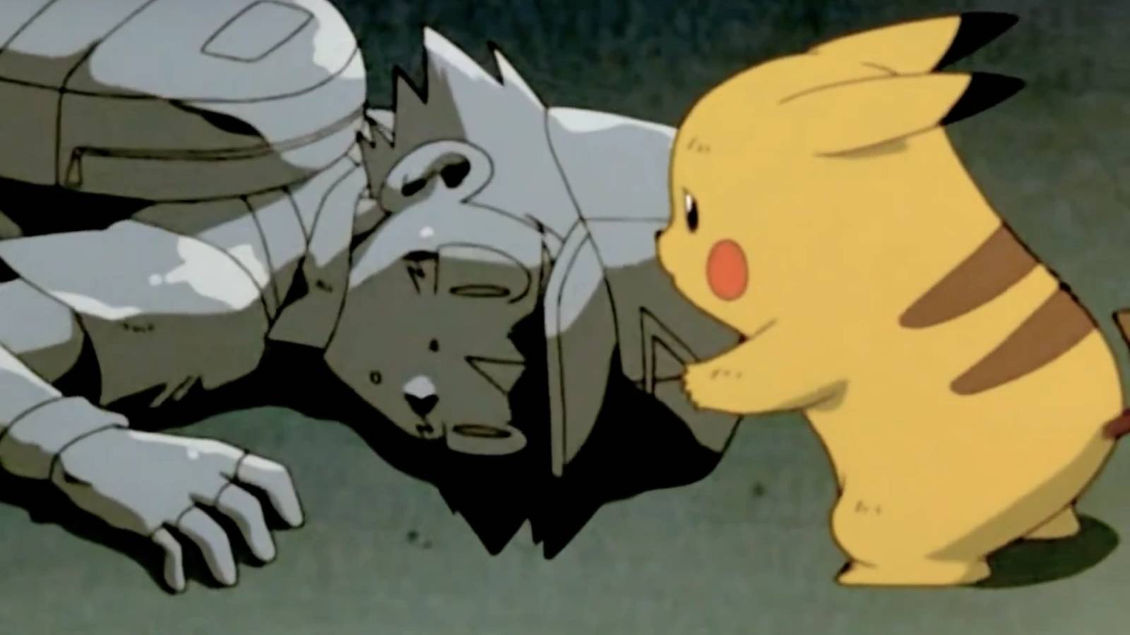 A still from the first Pokemon movie shows Pikachu trying to wake up a petrified Ash