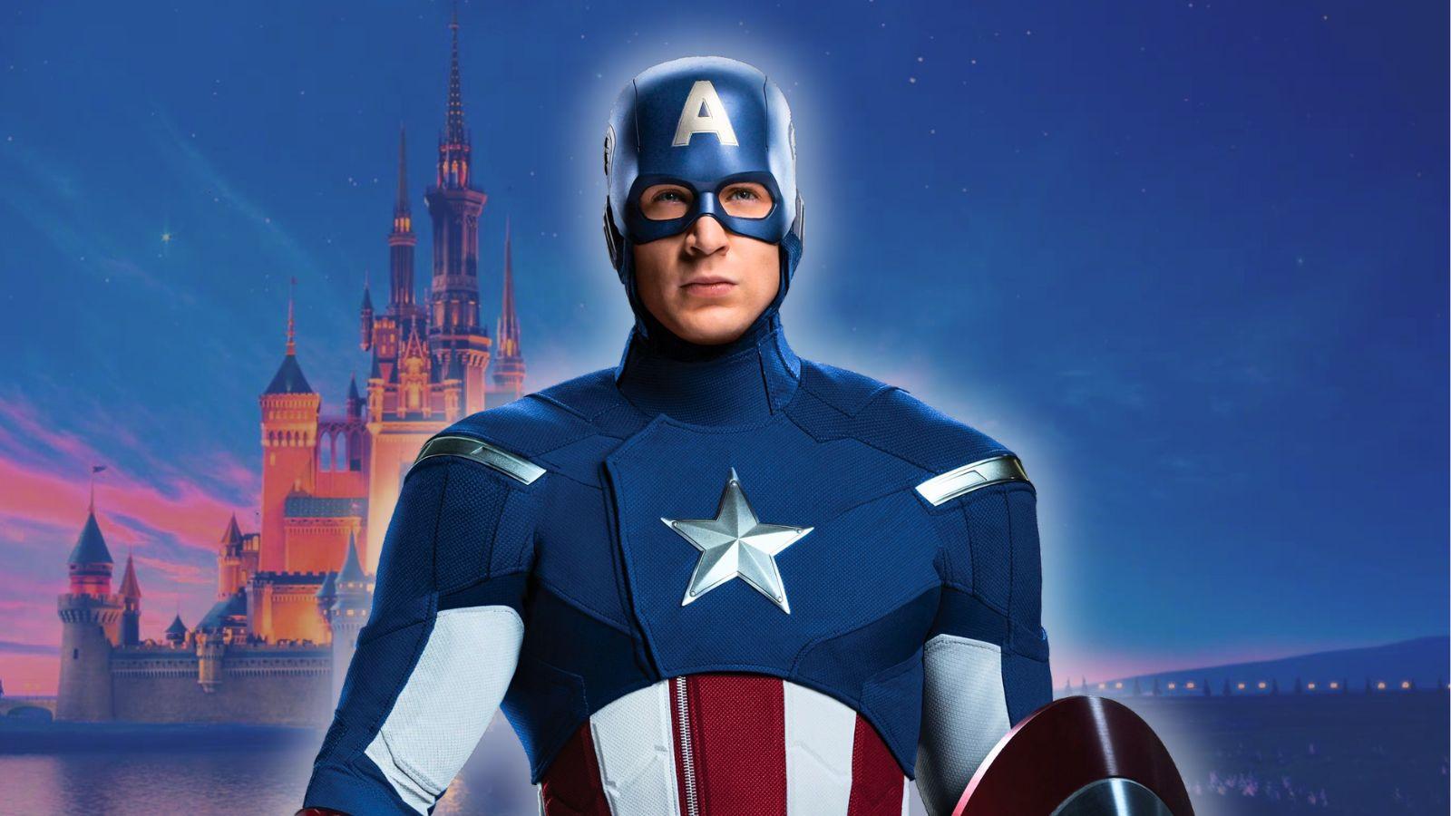 Chris Evans as Captain America in front of the Disney castle.