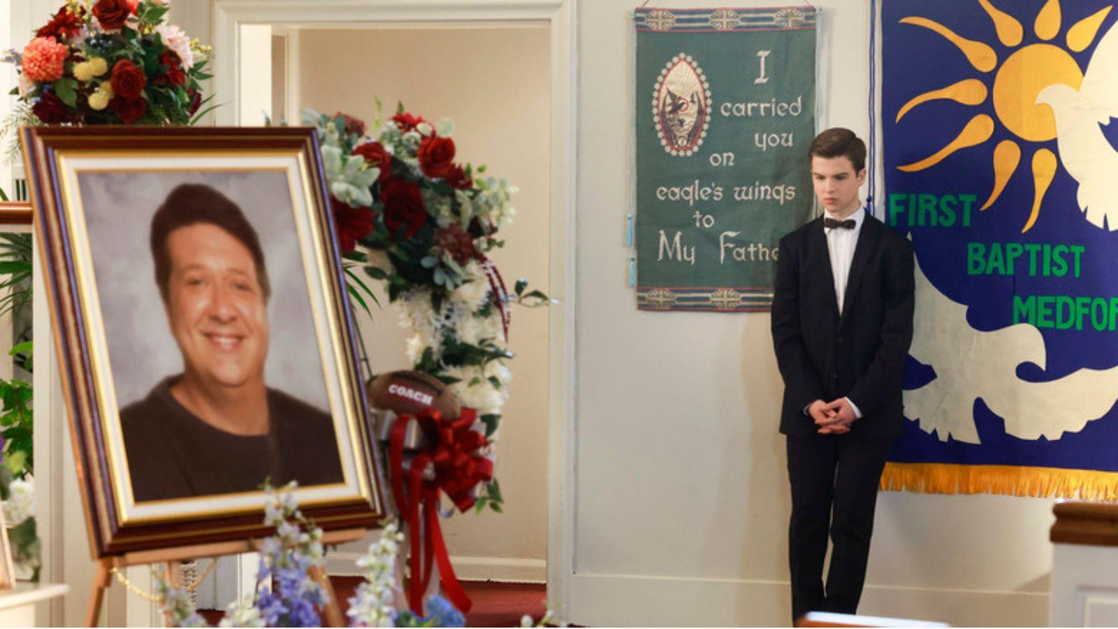 Sheldon at George's funeral in Young Sheldon Season 7 Episode 13