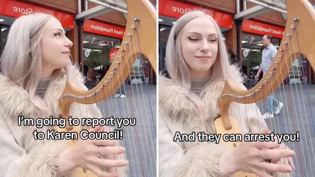 Harpist goes viral for calm reaction to furious passer-by threatening her