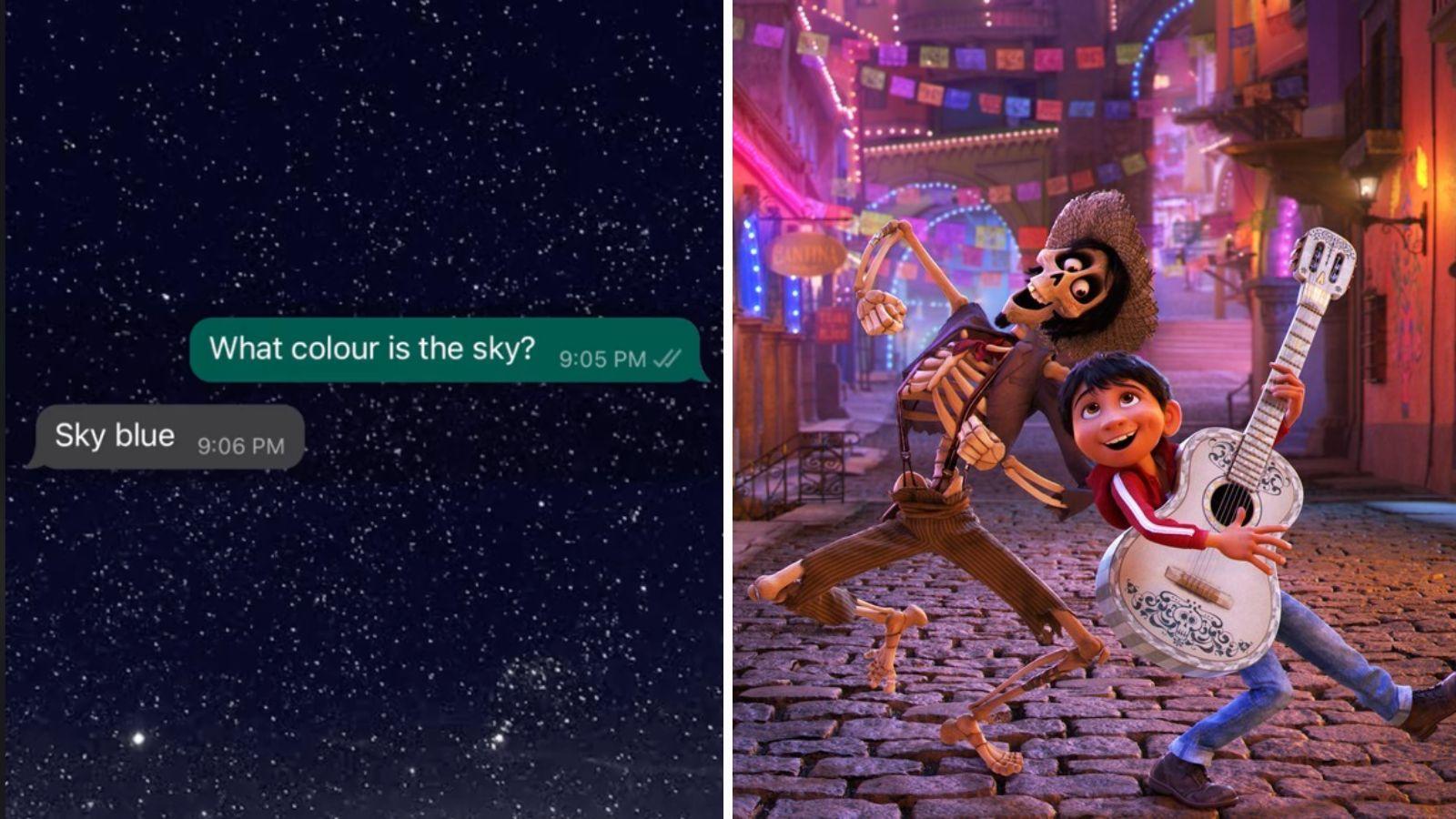 Screenshot of the 'What color is the sky' TikTok trend, photo of the Disney movie Coco