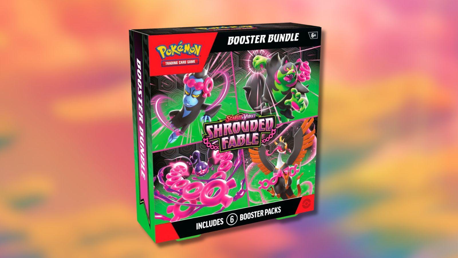 Shrouded Fable Booster Bundle with abstract Pokemon background.
