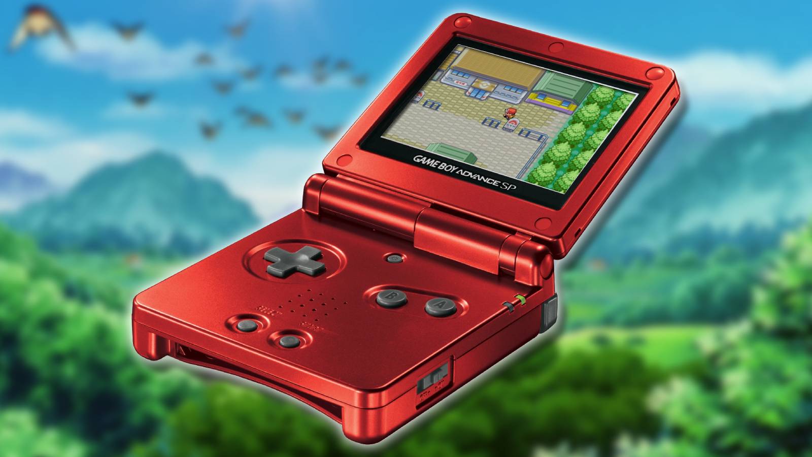 a Game Boy Advance SP is visible in the color red, with Pokemon Leaf Green being played on the screen