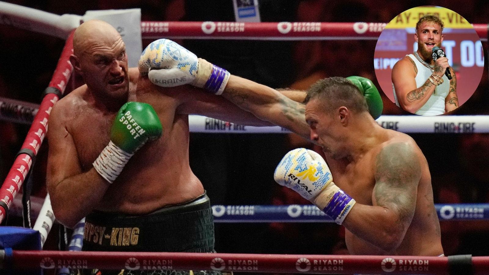 Tyson Fury fights Oleksandr Usyk with Jake Paul pictured inset in the top right of the image