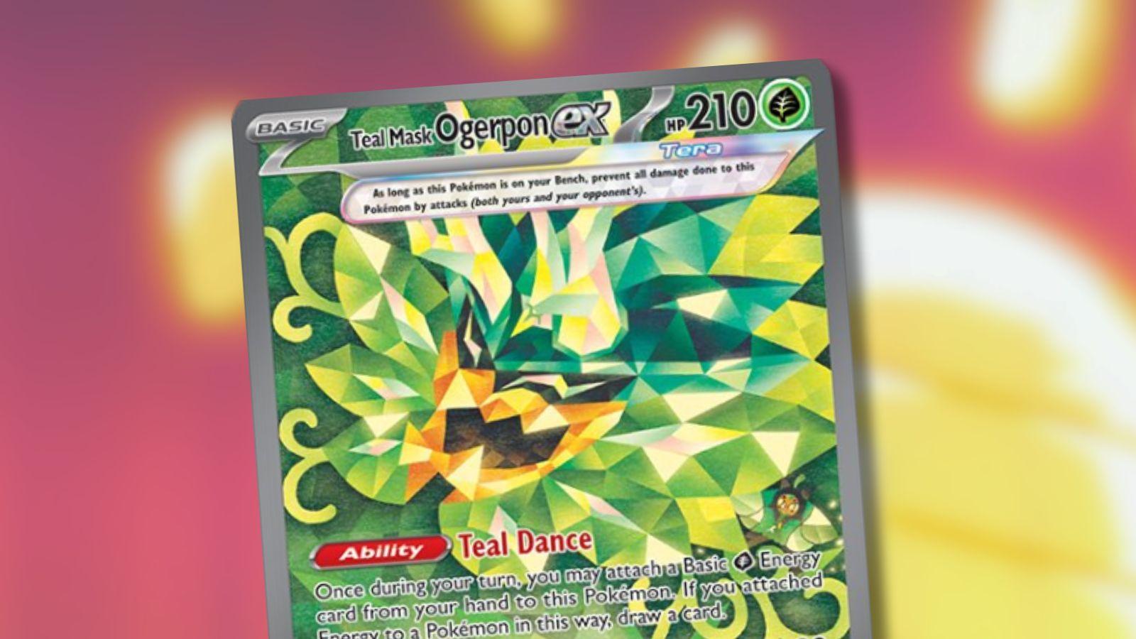 Ogerpon Pokemon card with abstract Pay Day video game background.