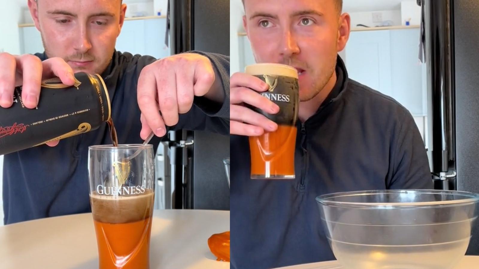 Man drinks Guiness and tomato soup