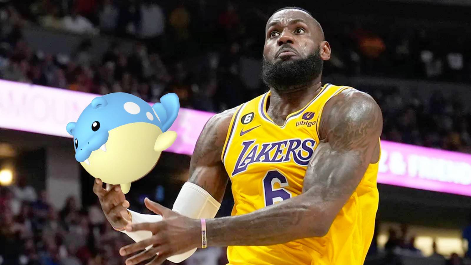 Basketball player LeBron James holds the Pokemon Spheal instead of a basketball