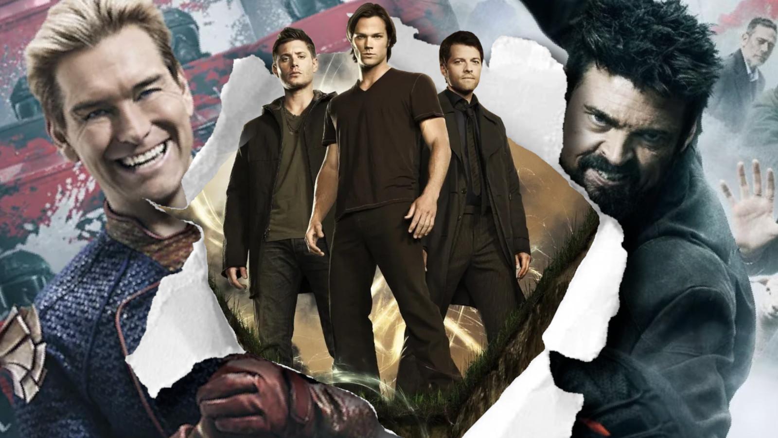 Billy Butcher and Homelander are in the bacground while through a hole torn in the poster the cast of Supernatural (Dean, Sam and Castiel) look through.