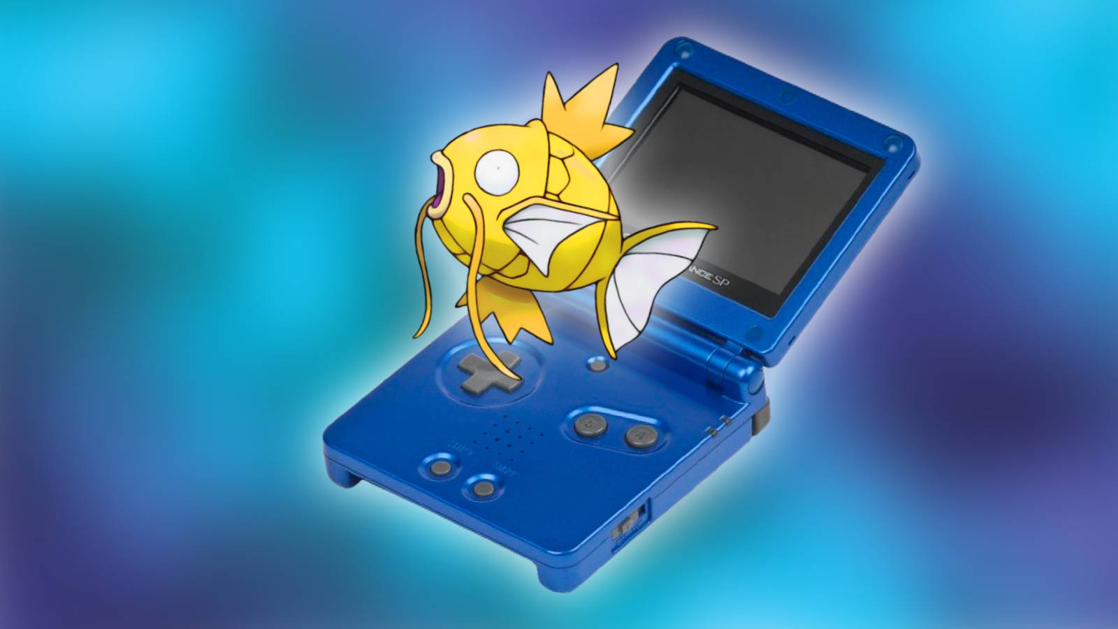 Official art of the Pokemon Magikarp jumping from out a Game Boy Advance SP.