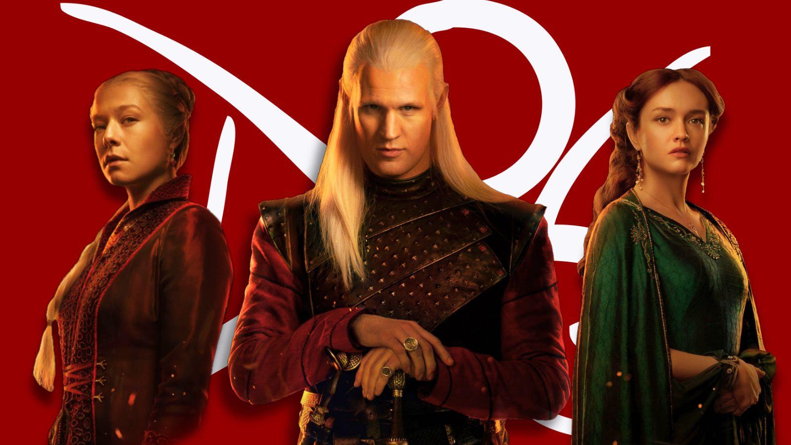 Daemon, Rhaenyra, and Alicent in front of the AO3 logo.