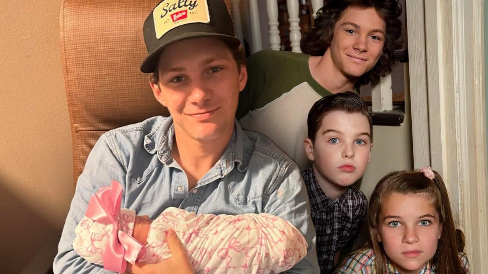 Montana Jordan with his baby and Georgie, Sheldon, and Missy in Young Sheldon