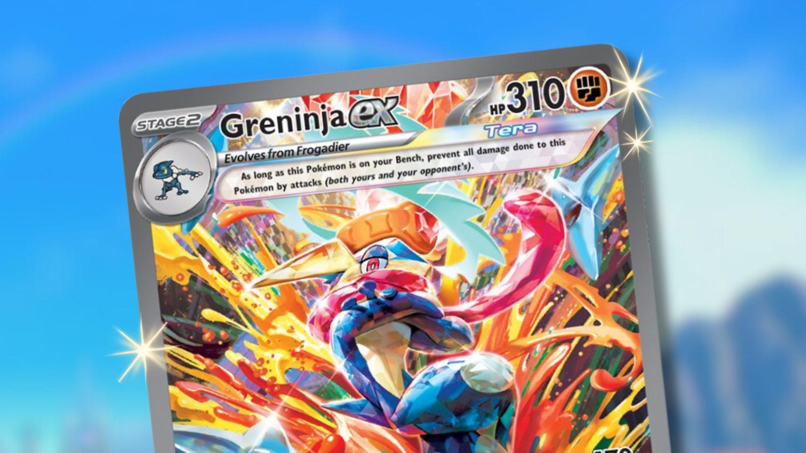 Greninja ex Pokemon card with sky game background.