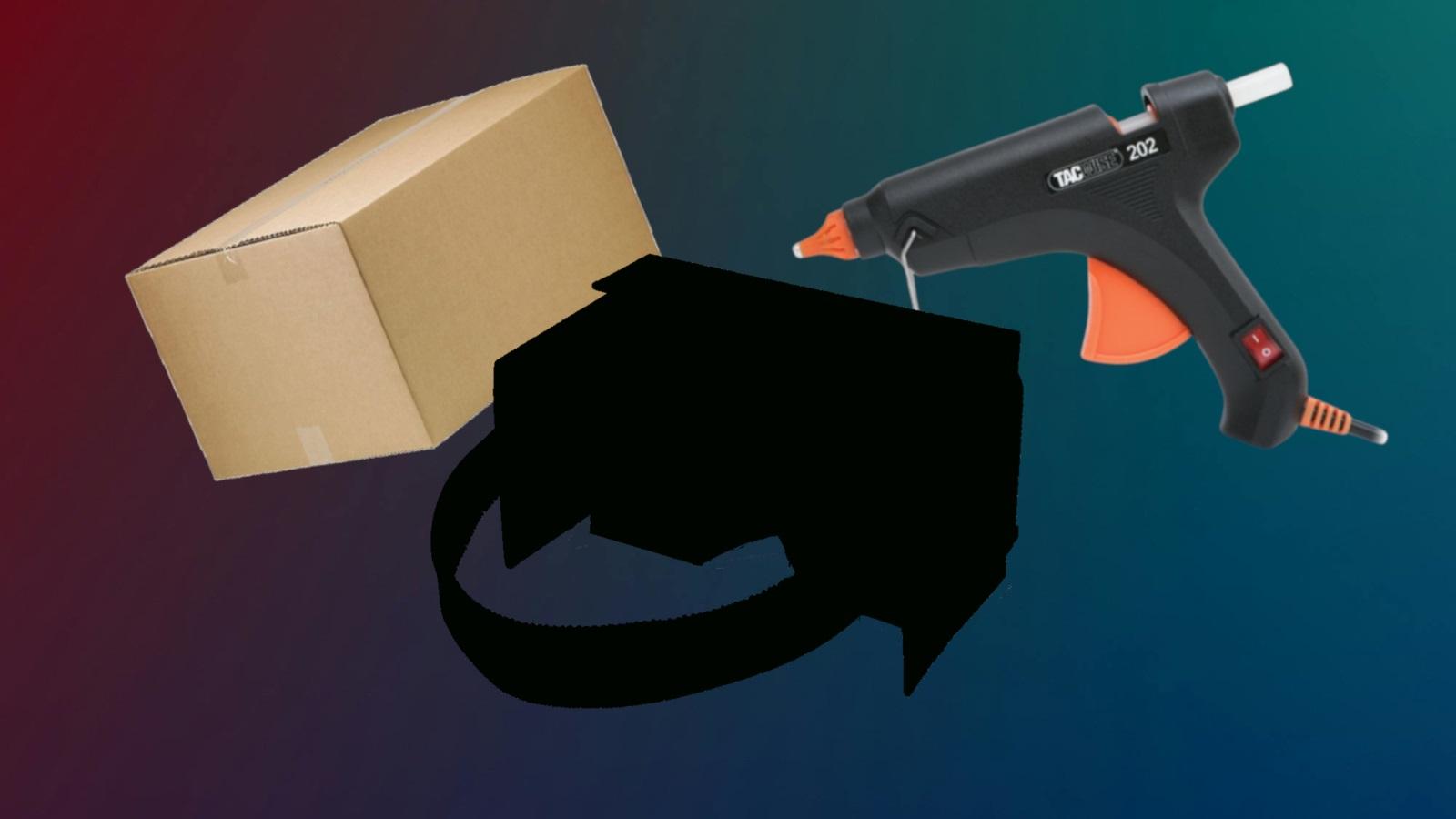 Cardboard Box, Hot Glue gun and VR headset silhouette