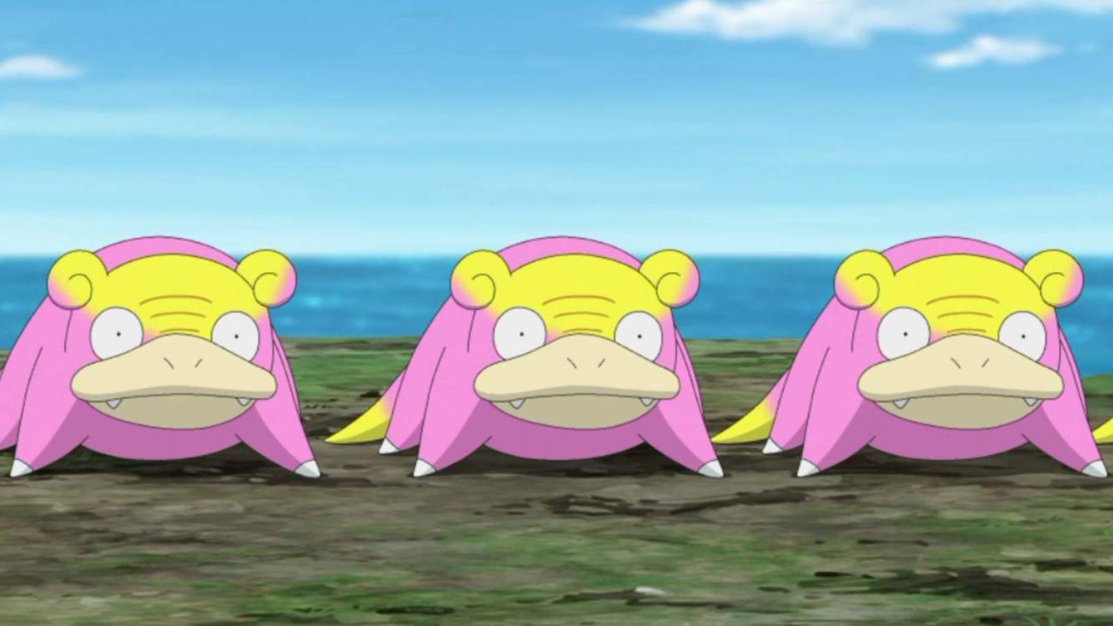 A screenshot from the Pokemon anime shows several Galarian Slowpoke in a row