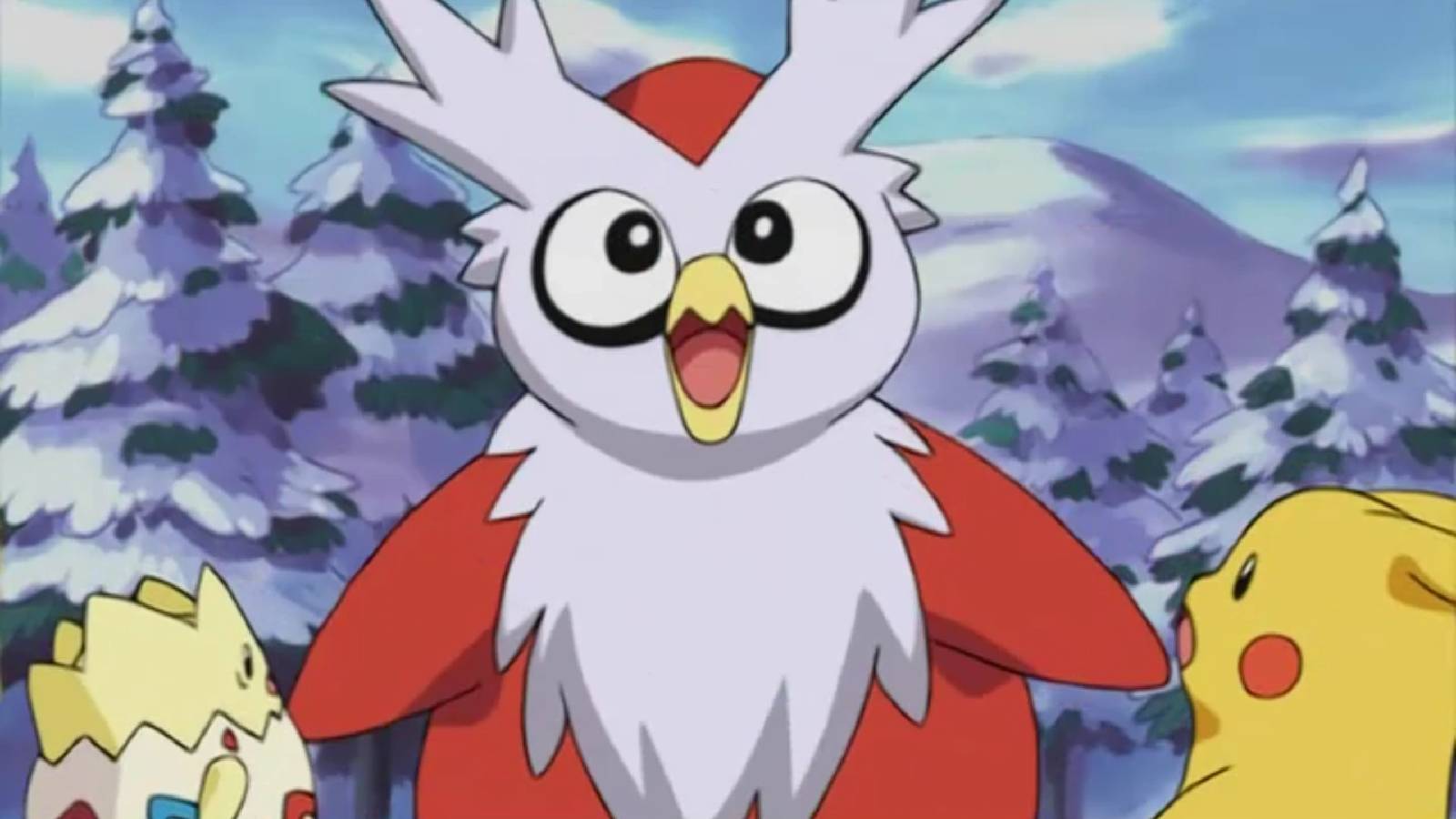 A screenshot from the Pokemon anime shows the gift Pokemon, Delibird