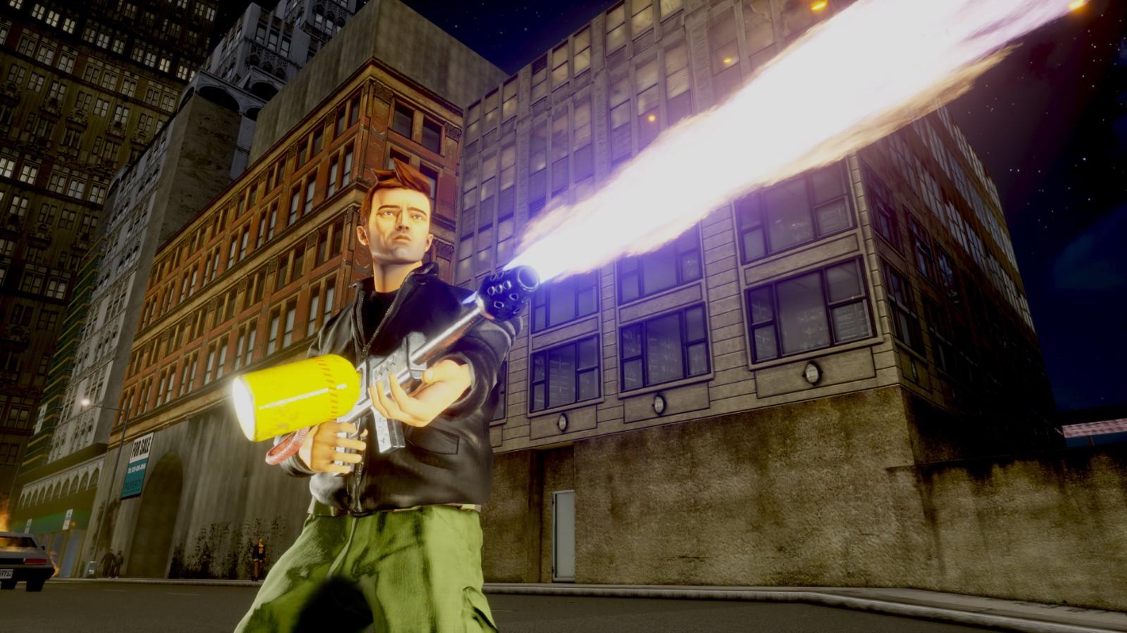 A GTA 3 NPC fires a flamethrower
