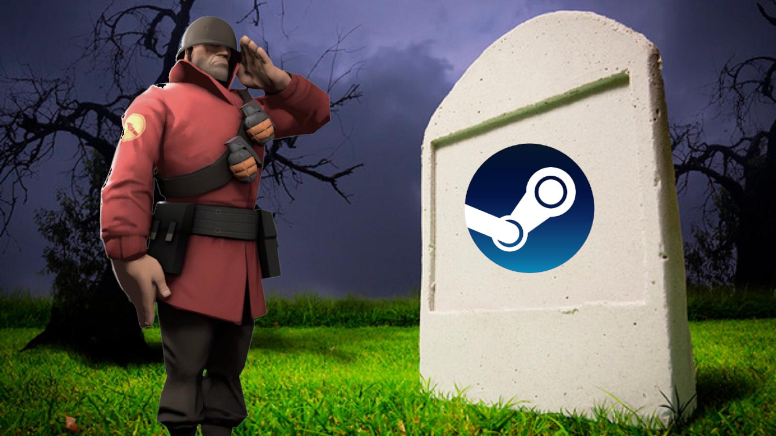 team fortress 2 tf2 soldier saulting a grave with the steam logo on it steam players will lose accounts when they die