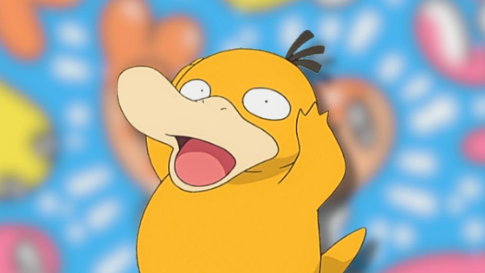 Psyduck with Tatsugiri Pokemon card background.