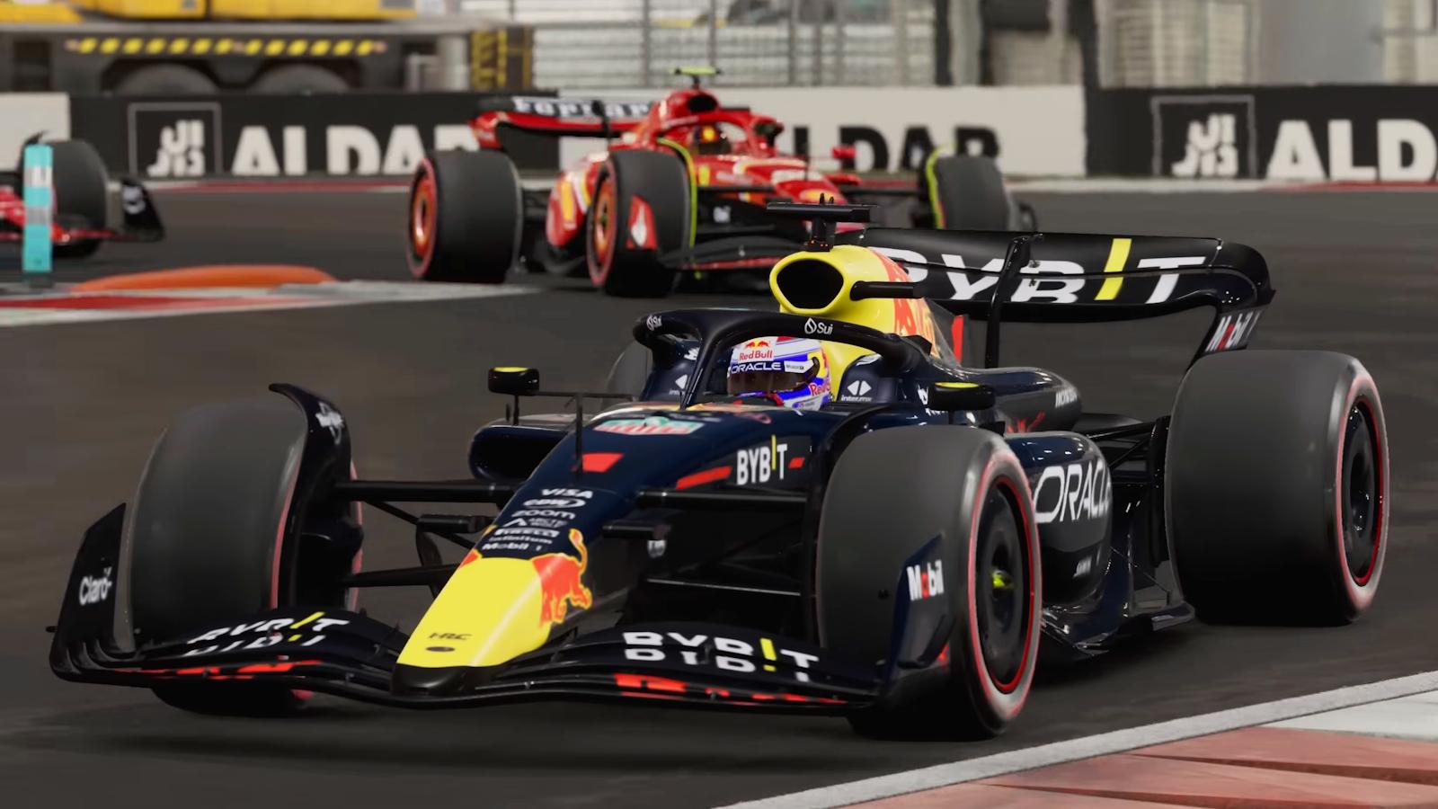 Red Bull F1 car racing around track with Ferrari trailing in background.