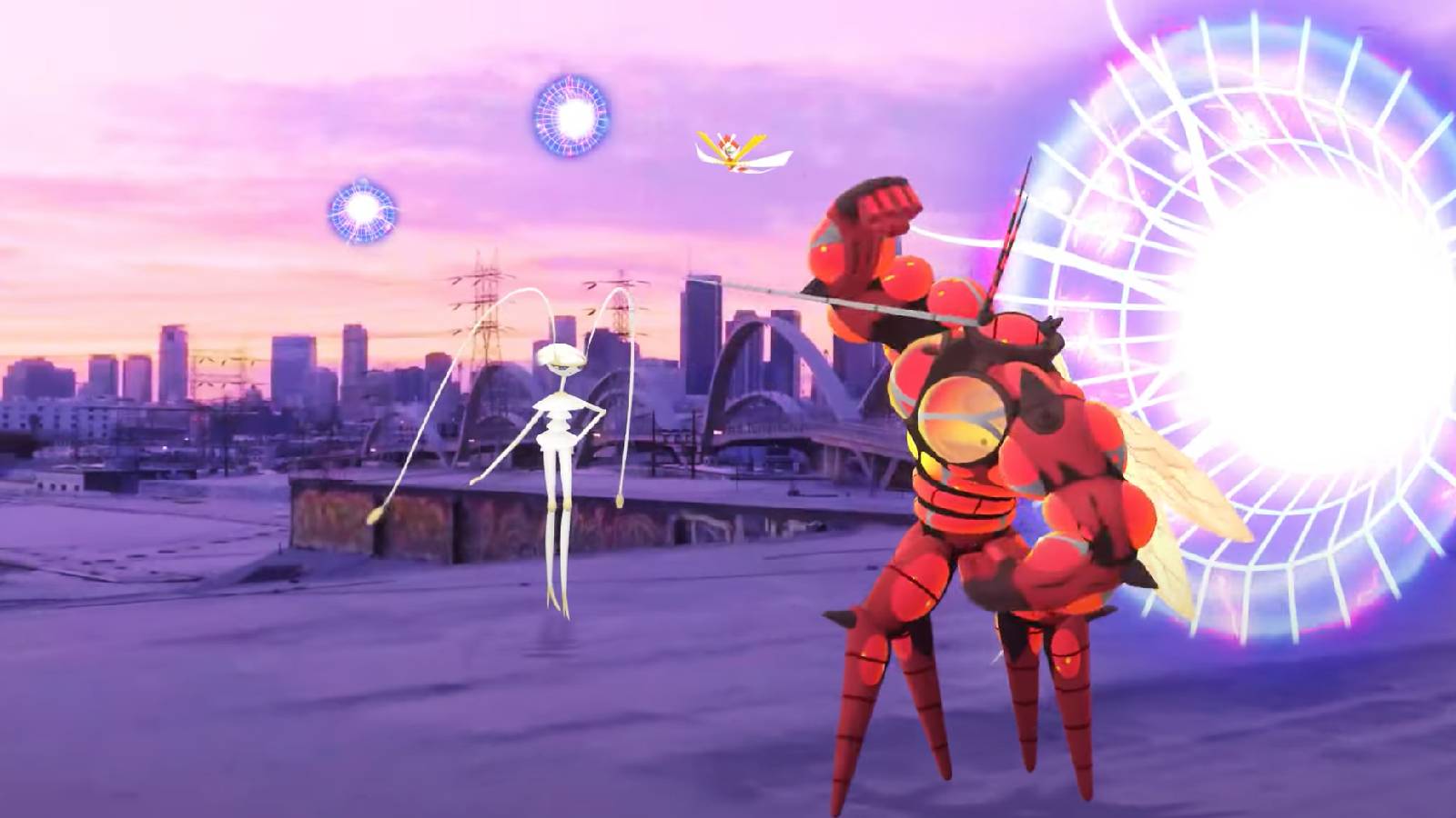 Promotional artwork for Pokemon Go shows a cityscape, with Ultra Wormholes across the skies, with Buzzwole flexing in the foreground and Pheramosa in the background