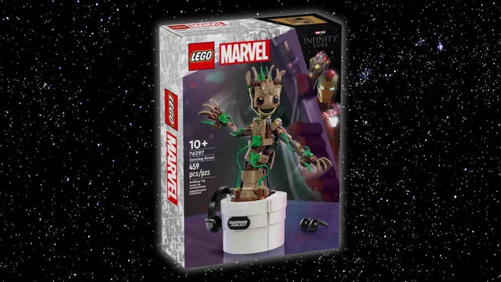 LEGO Marvel Dancing Groot on a LEGO background