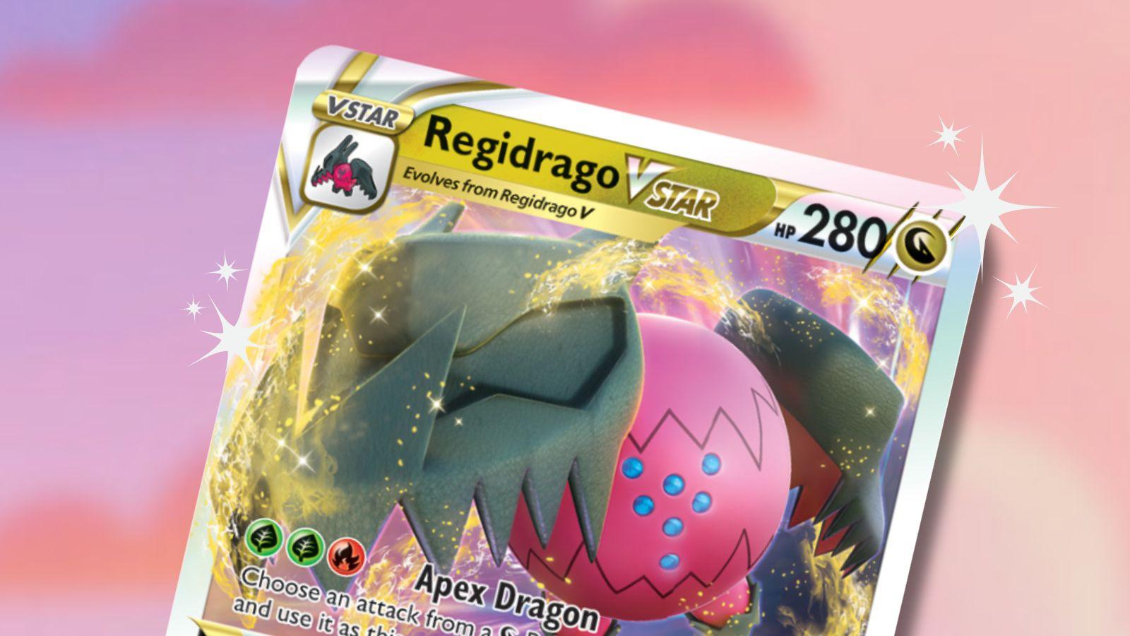 Regidrago Pokemon card with sunset background.