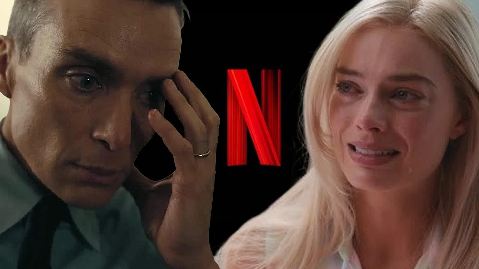 Cillian Murphy and Margot Robbie in Oppenheimer and Barbie, split by a Netflix logo