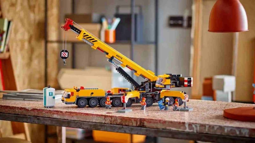 The LEGO City Yellow Mobile Construction Crane on display