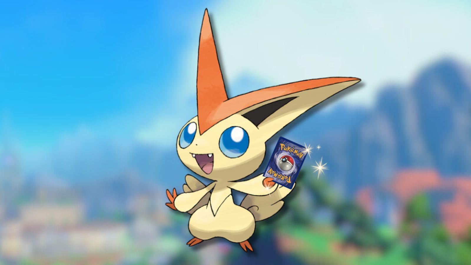 Victini Pokemon holding Pokemon card with sparkles and game background.