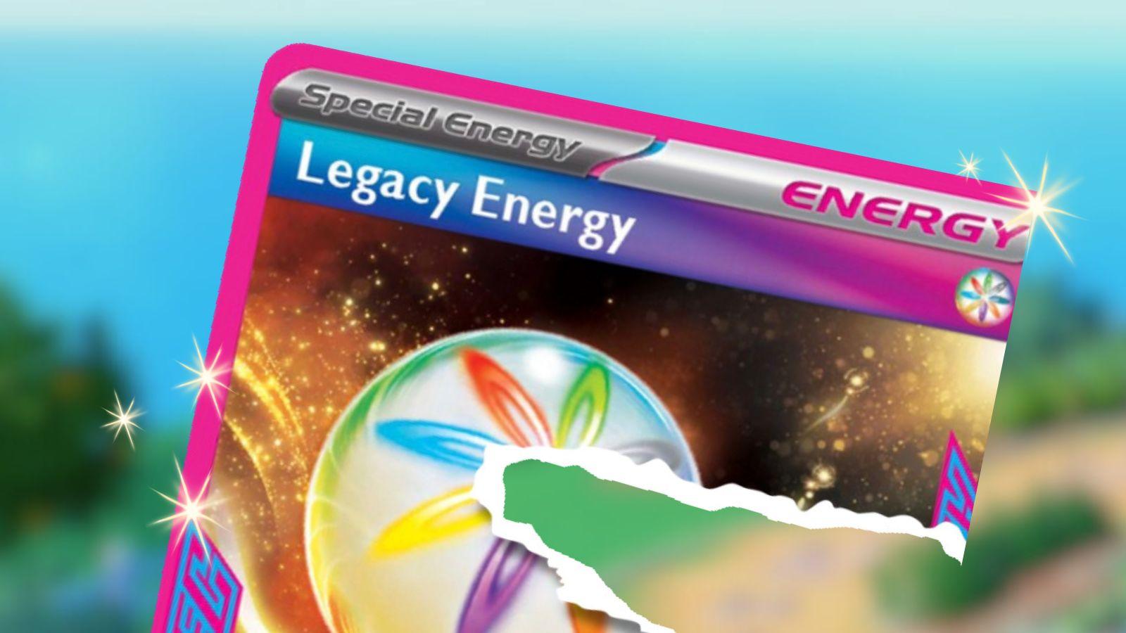 ACE SPEC Legacy Energy card with tear and Pokemon background.