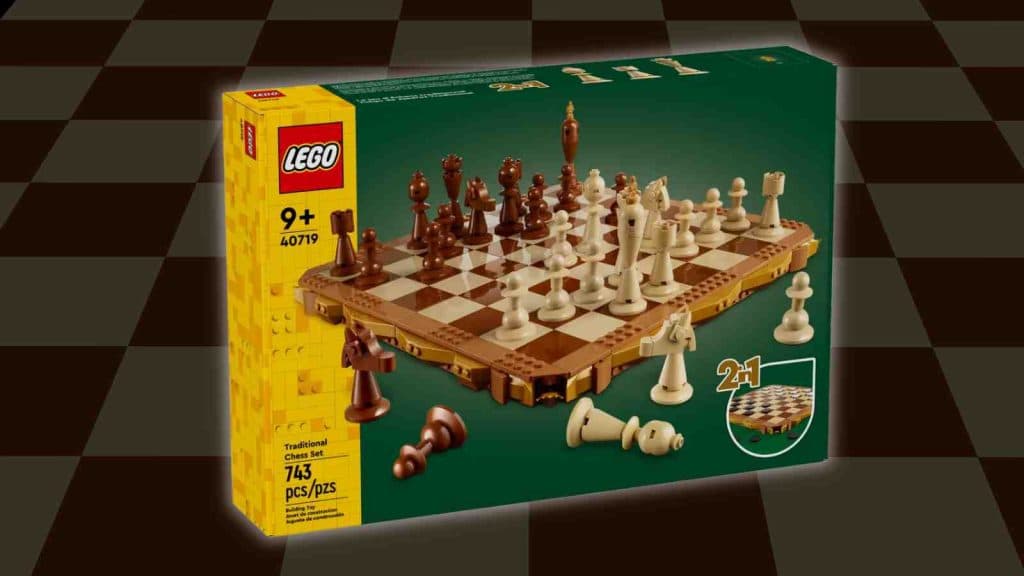 The LEGO Traditional Chess Set on a chess board background