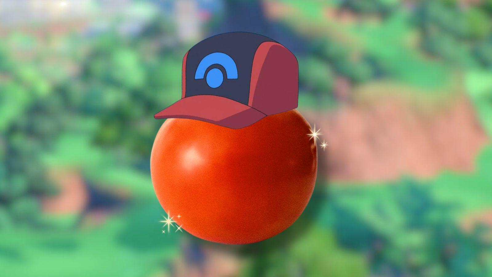 Tomato wearing Ash Ketchum's hat with Pokemon video game background.