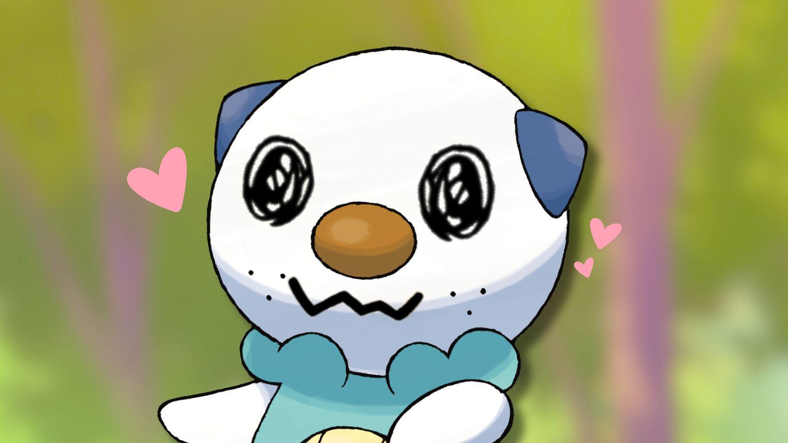 Oshawott with Mimikyu Pokemon eyes and lovehearts with anime background.